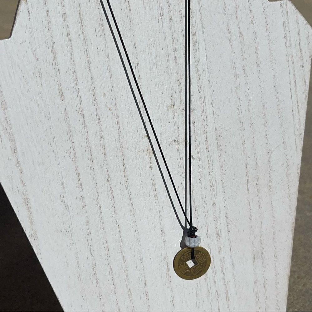 HANDMADE CASH COIN AND WHITE BEAD BLACK CORD NECKLACE - Picture 4 of 7